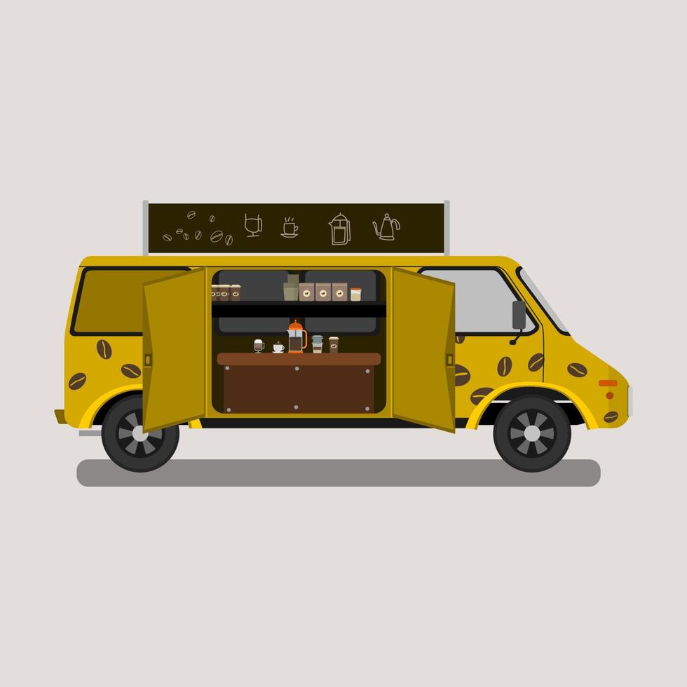 Editable Detailed Yellow Mobile Coffee Shop Vector Illustration With Hand Drawn Doodle on Sign Board and Brewing Equipment. Can be Used for Food Truck Concept
