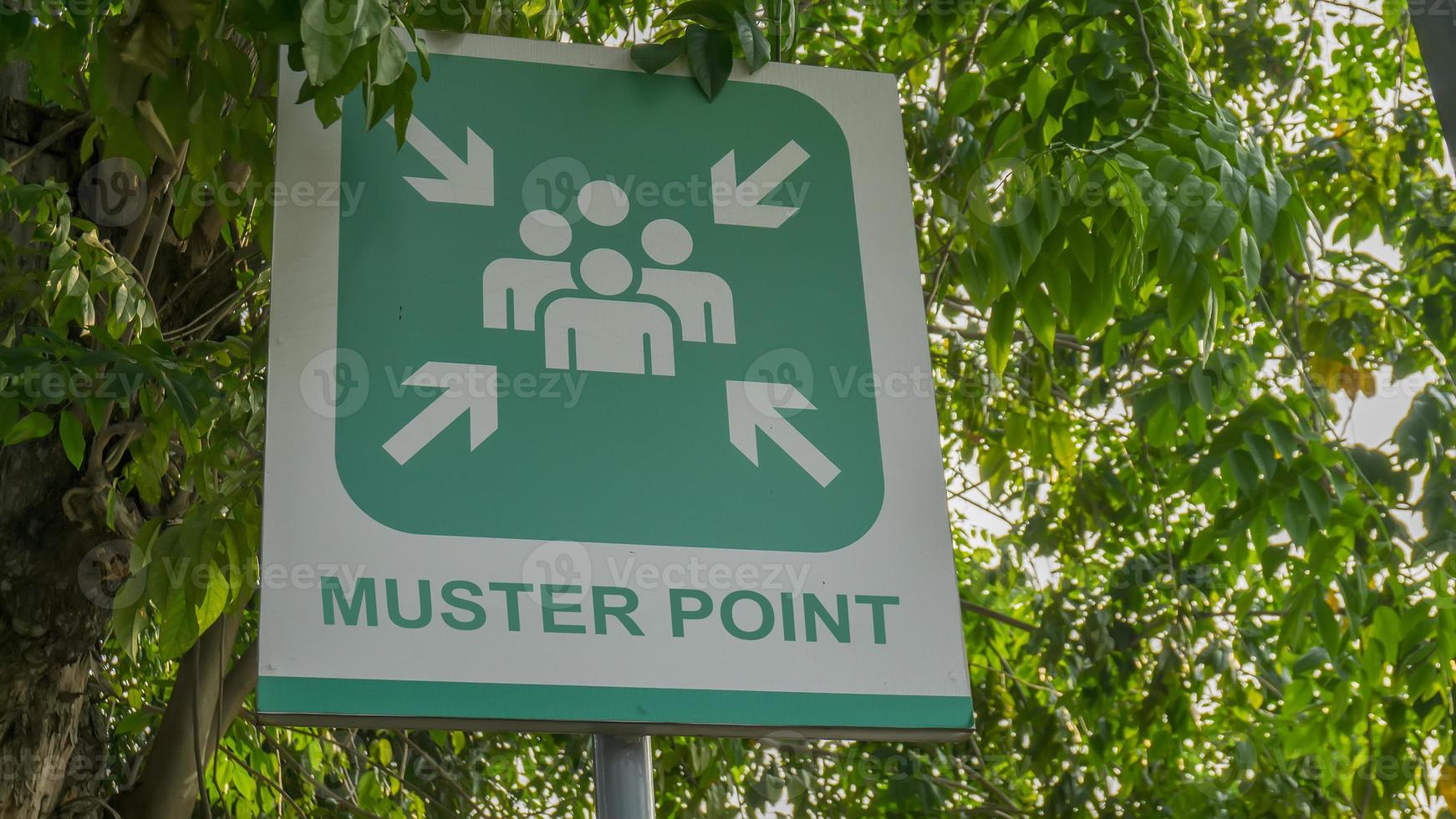 Muster Point signboard with green tree leaves background, photo