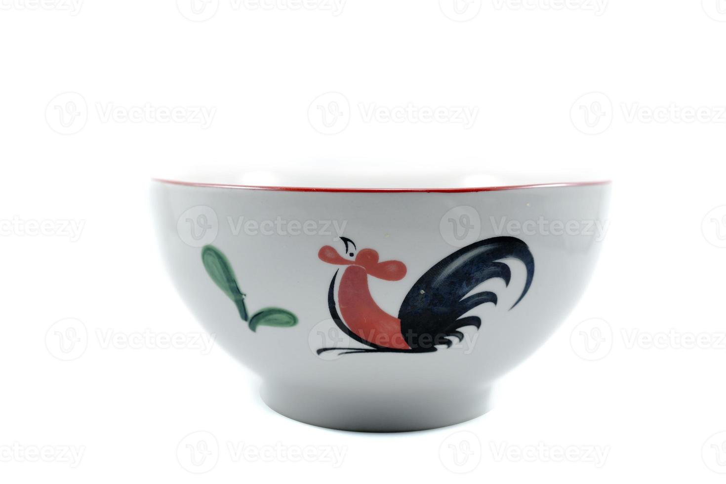 white ceramic bowl with chicken image isolated on white background
