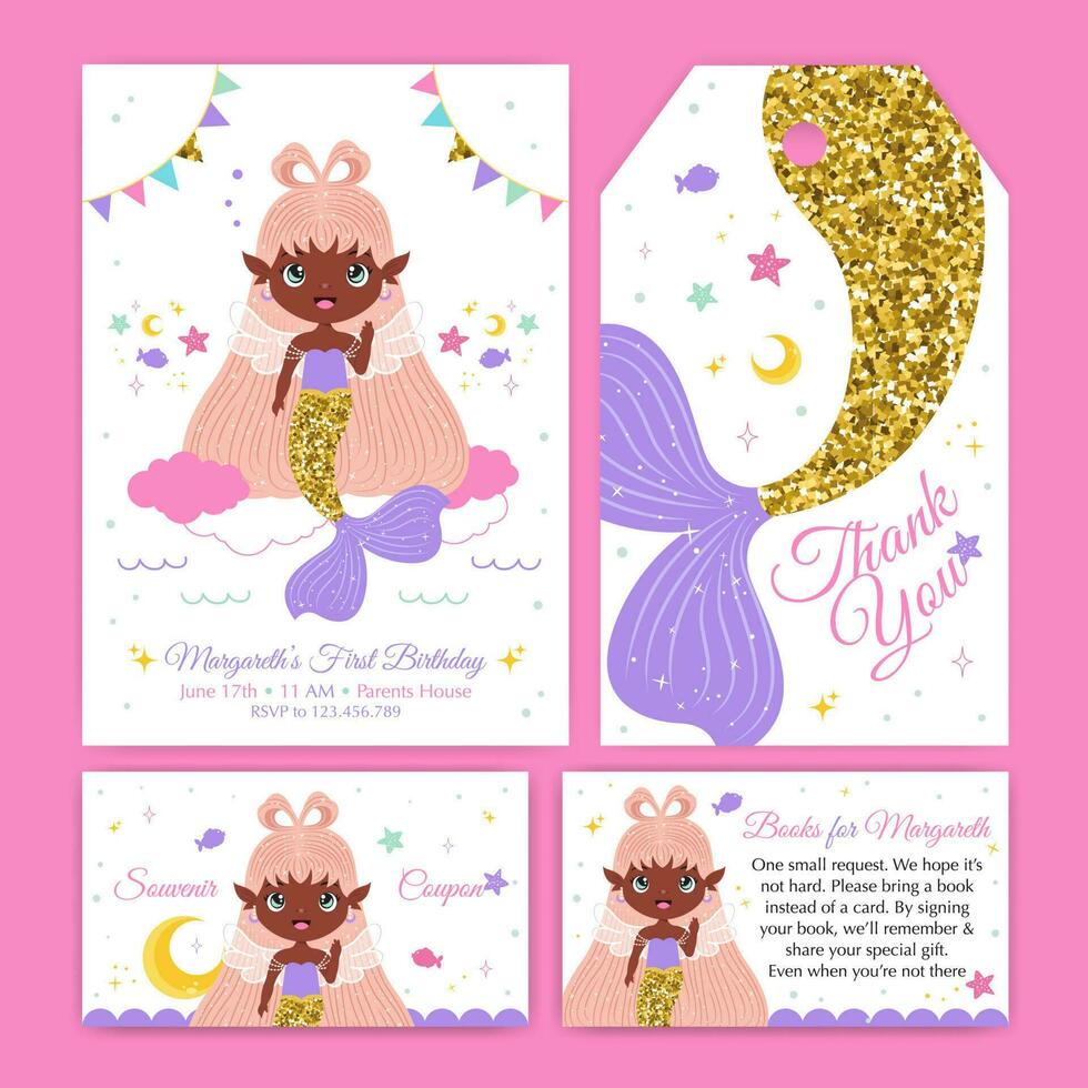 conjunto de invitación de cumpleaños con linda sirena brillante vector