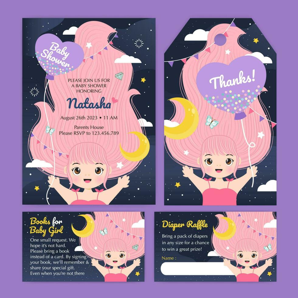 conjunto de invitación de baby shower con linda chica de pelo largo vector