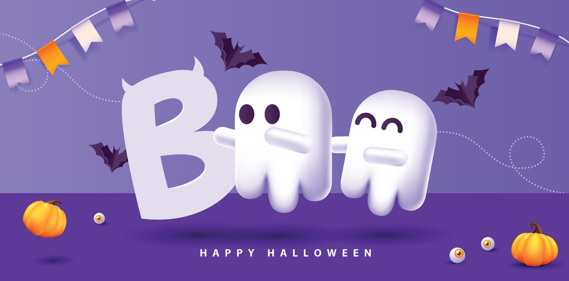 diseño de banner de halloween con linda tipografía fantasma boo y calabazas elementos festivos halloween vector