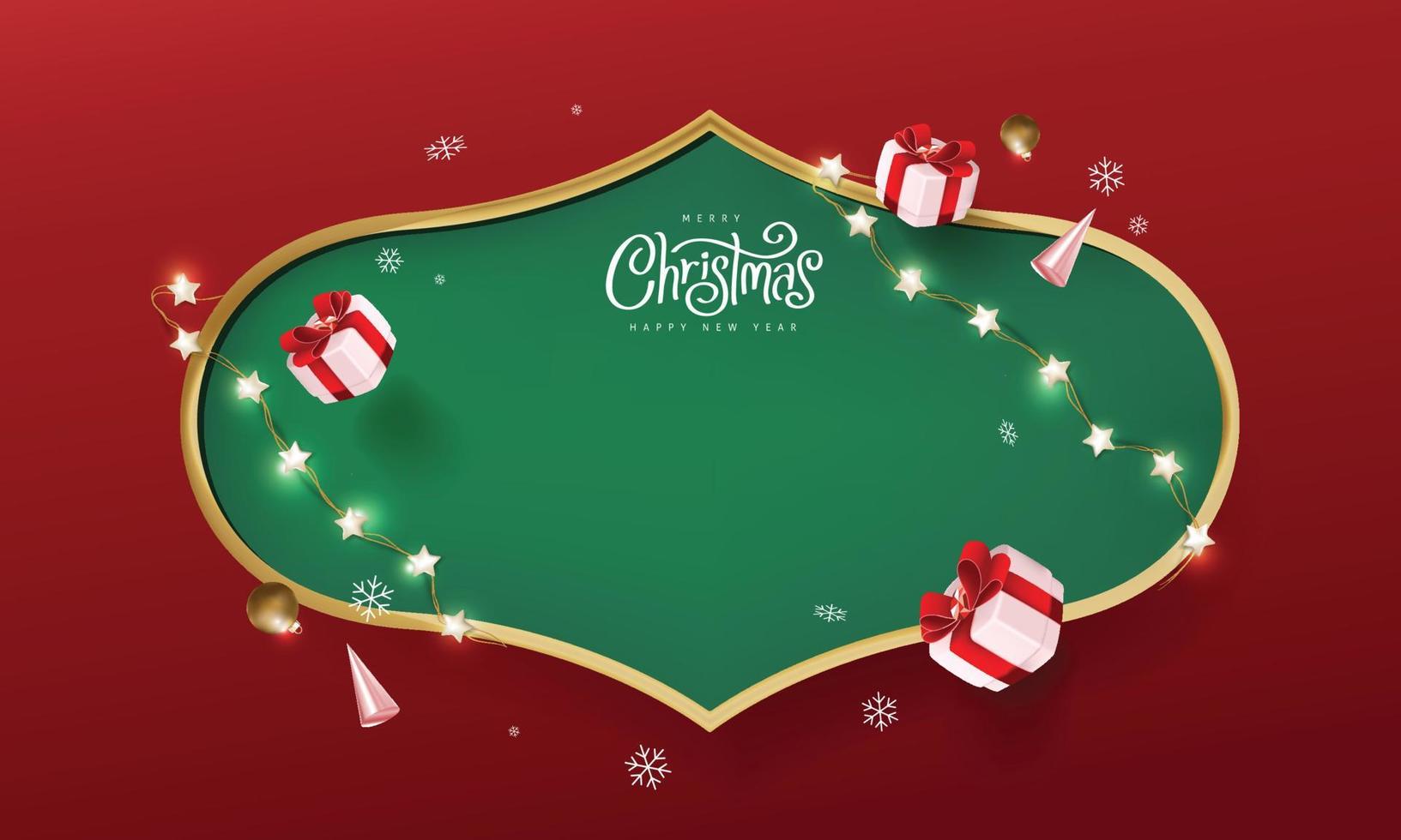 Merry Christmas sign banner frame with empty space and festive decoration on red background vector