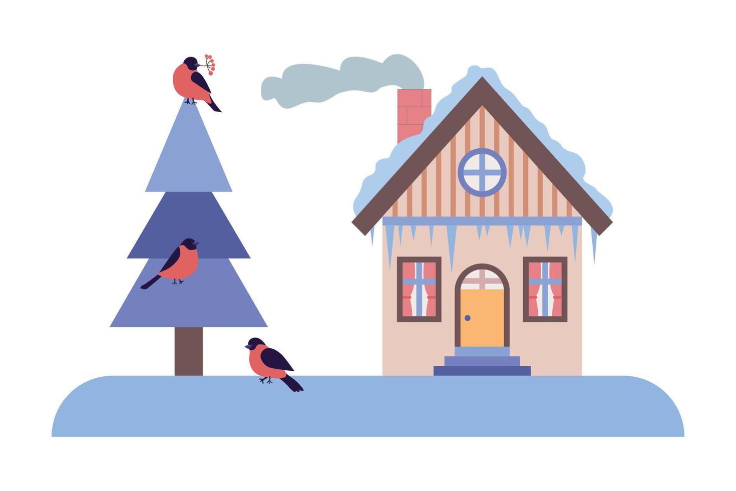Winter landscape with a house and a Christmas tree in the yard. vector illustration