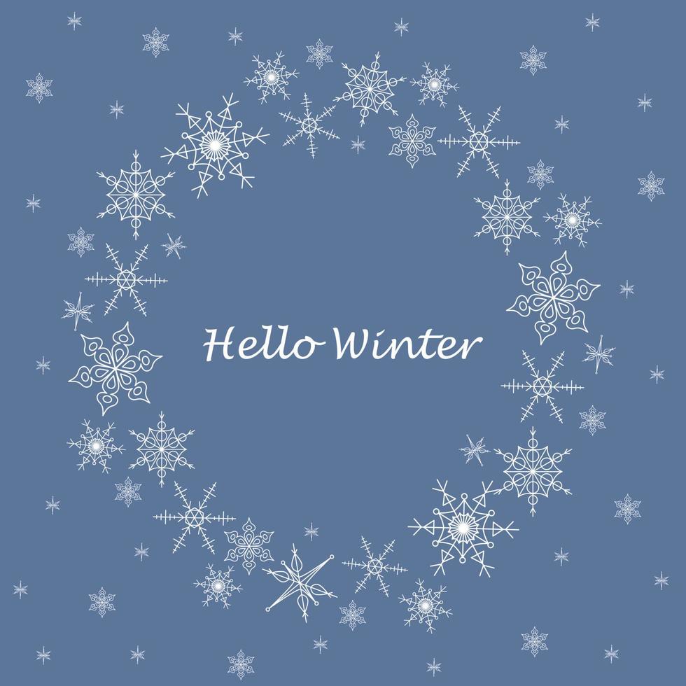 Round frame of white snowflakes on a blue background. vector illustration