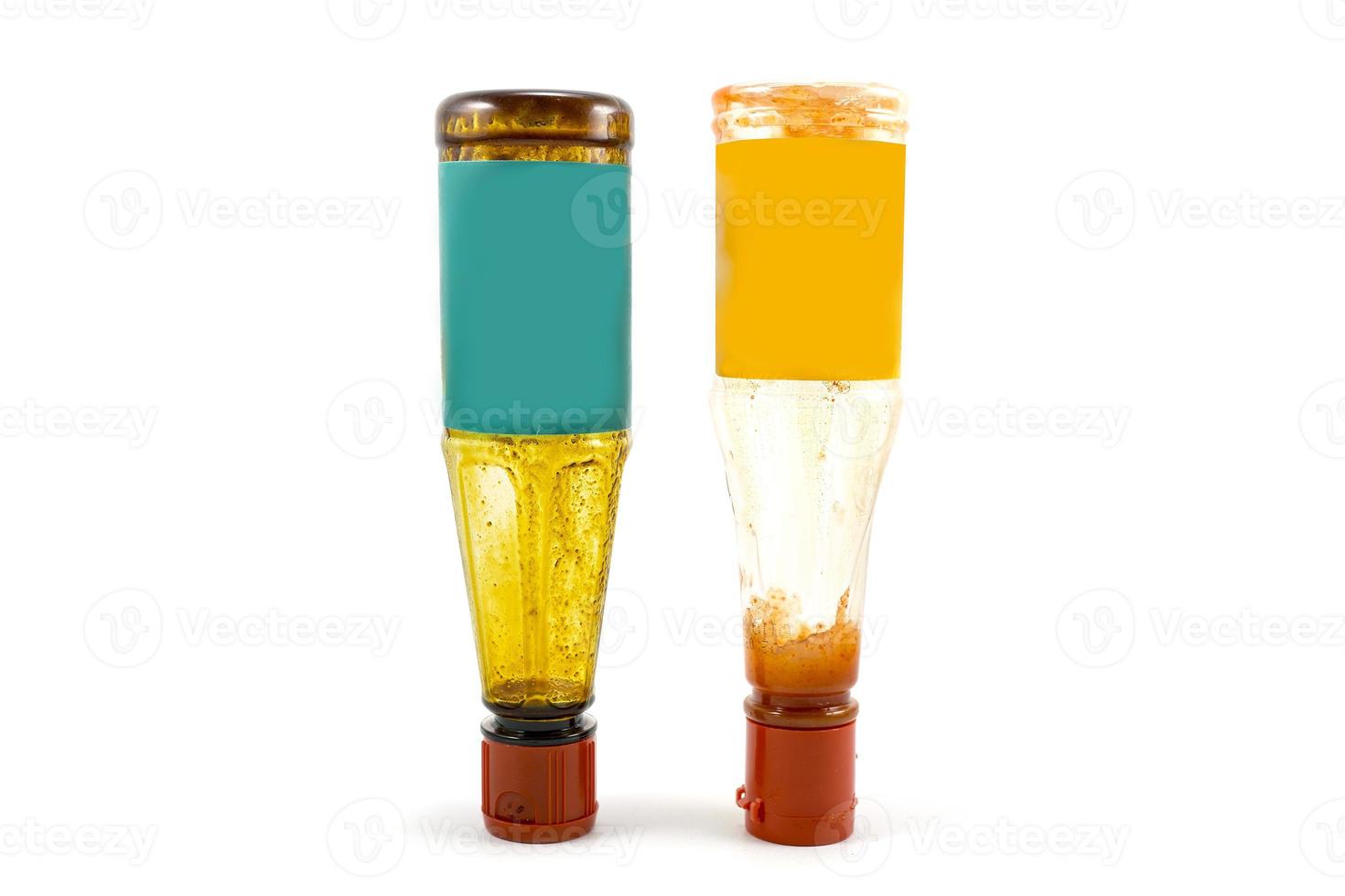 soy sauce and ketchup bottles overturned because they were almost empty photo