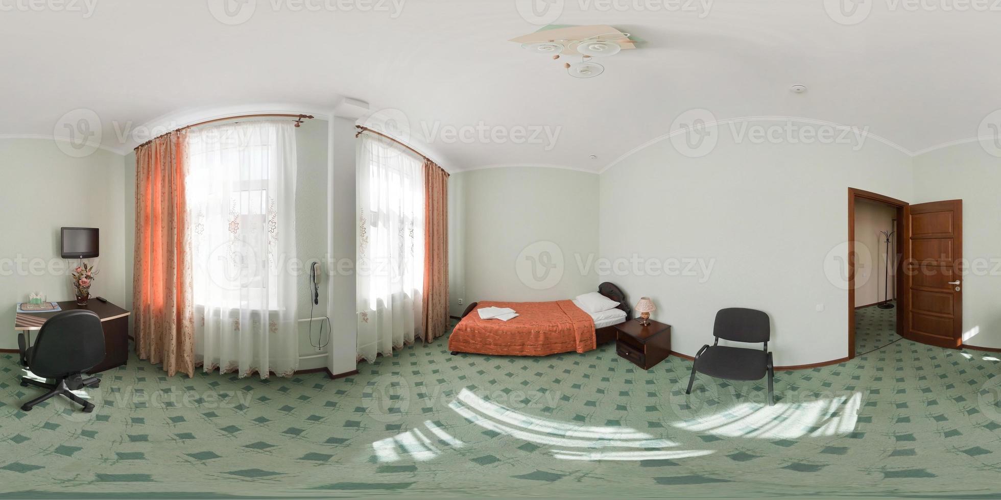 seamless 360 panorama in interior of bedroom of cheap hostel,  flat or apartments with chairs and table in equirectangular projection with zenith and nadir. VR AR content photo