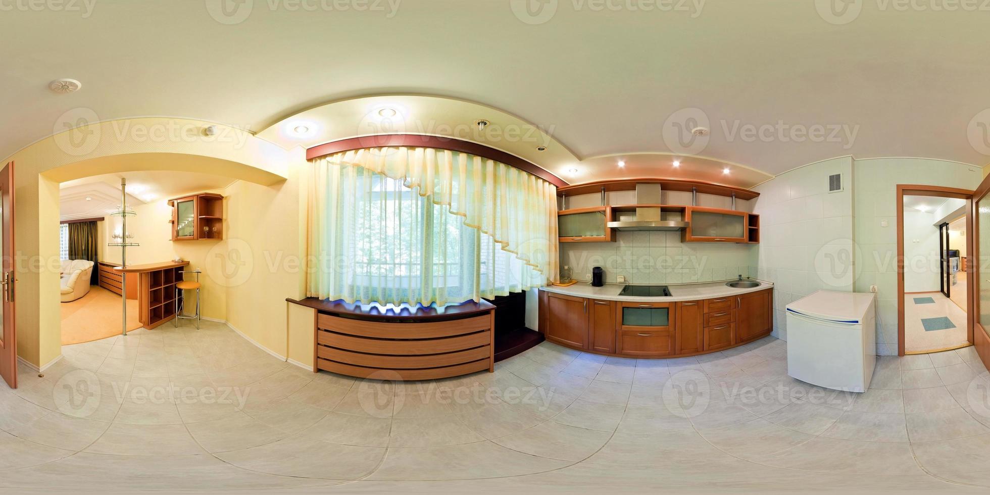 seamless 360 panorama in interior of kitchen of cheap hotel,  flat or apartments with chairs and table in equirectangular projection with zenith and nadir. VR AR content photo