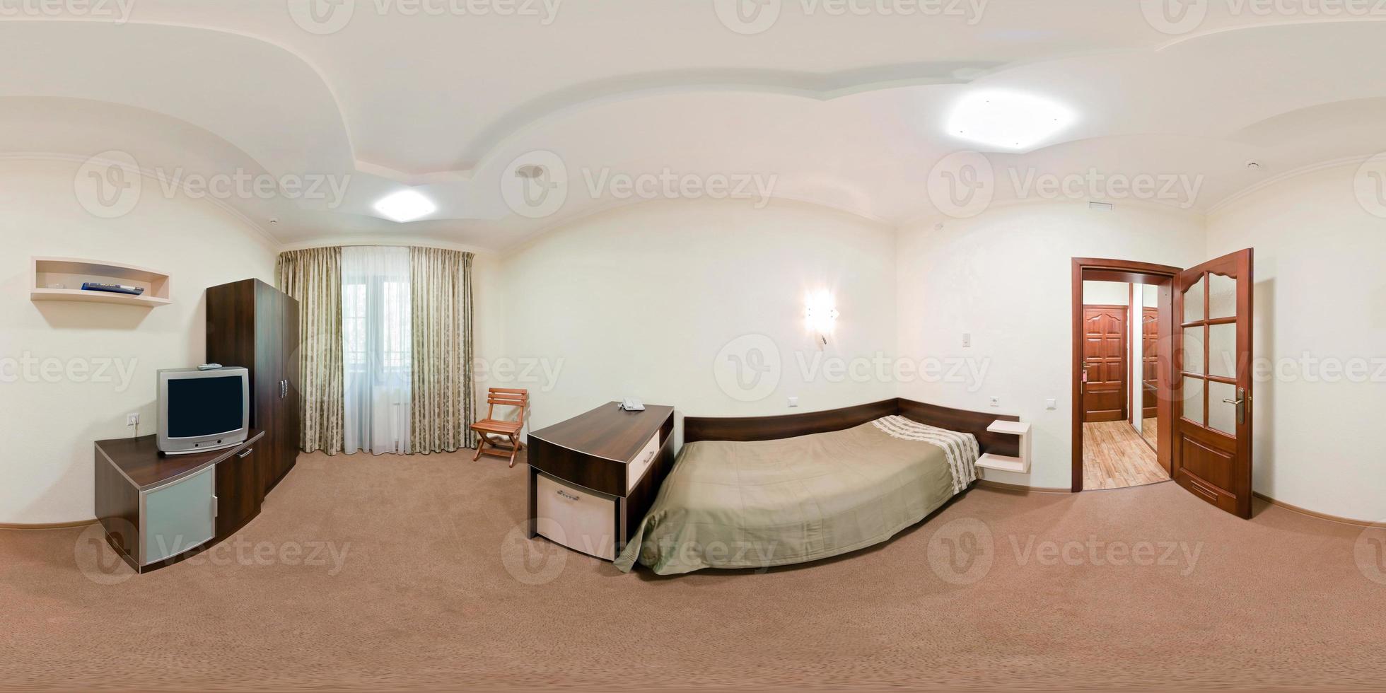 seamless 360 panorama in interior of bedroom of cheap hostel,  flat or apartments with chairs and table in equirectangular projection with zenith and nadir. VR AR content photo