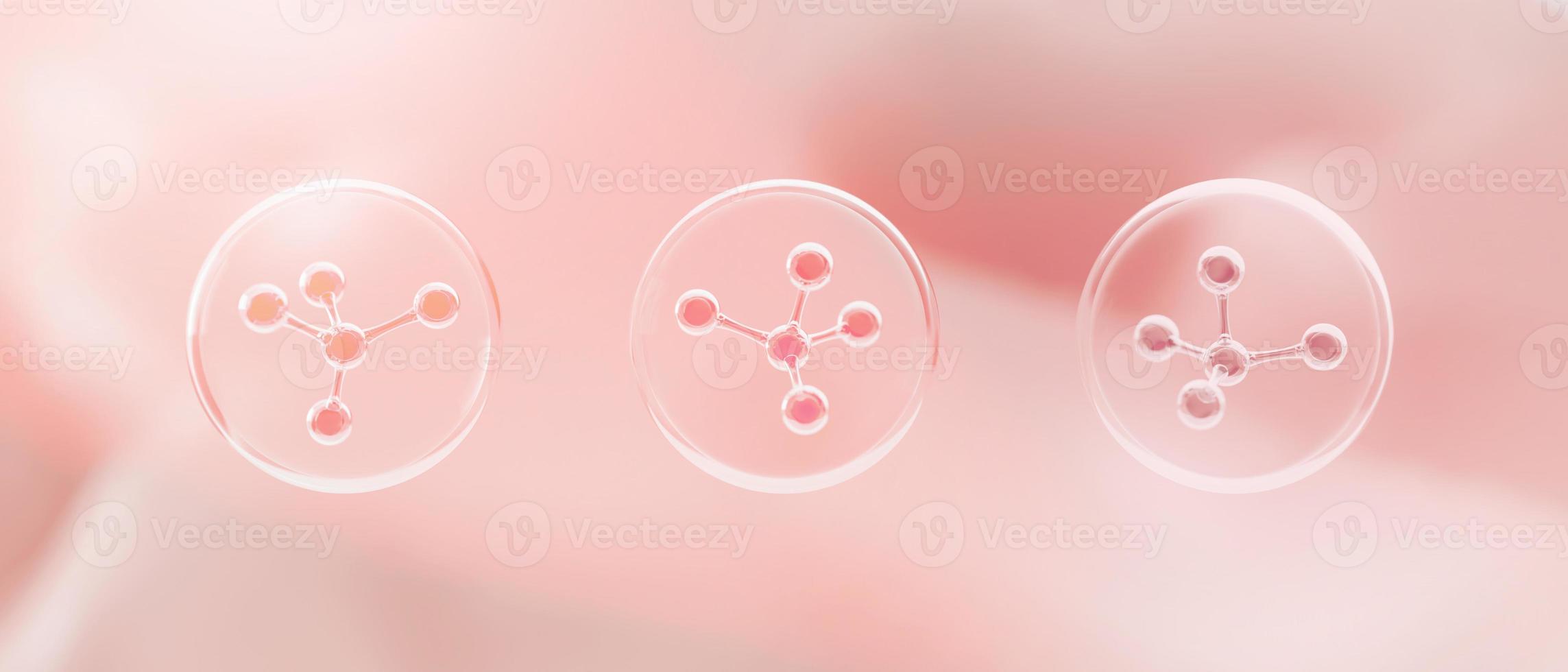 estructura de átomos de molécula dentro de burbujas sobre fondo de piel rosa. Cosméticos para el cuidado de la piel o tratamiento y solución para la piel humana. representación de ilustración 3d foto