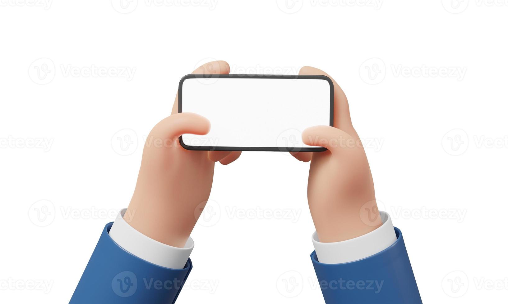 Hand using smartphone in horizontal angle as playing game or watching social network platform on white isolated background. Technology and business people concept. 3D illustration rendering photo