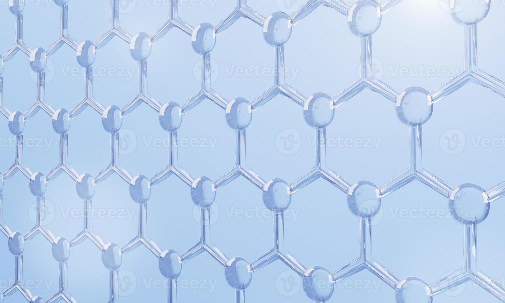 Blue transparency chemical glass hexagonal structure connection network background. Science and cosmetics concept. 3D illustration rendering photo