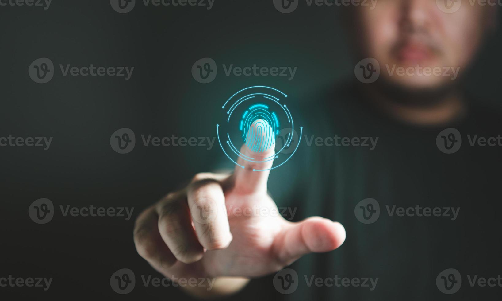 Fingerprint cyber security scanning biometric authentication and Personal Data Protection Act or PDPA with people background. Technology information and privacy policy concept. photo