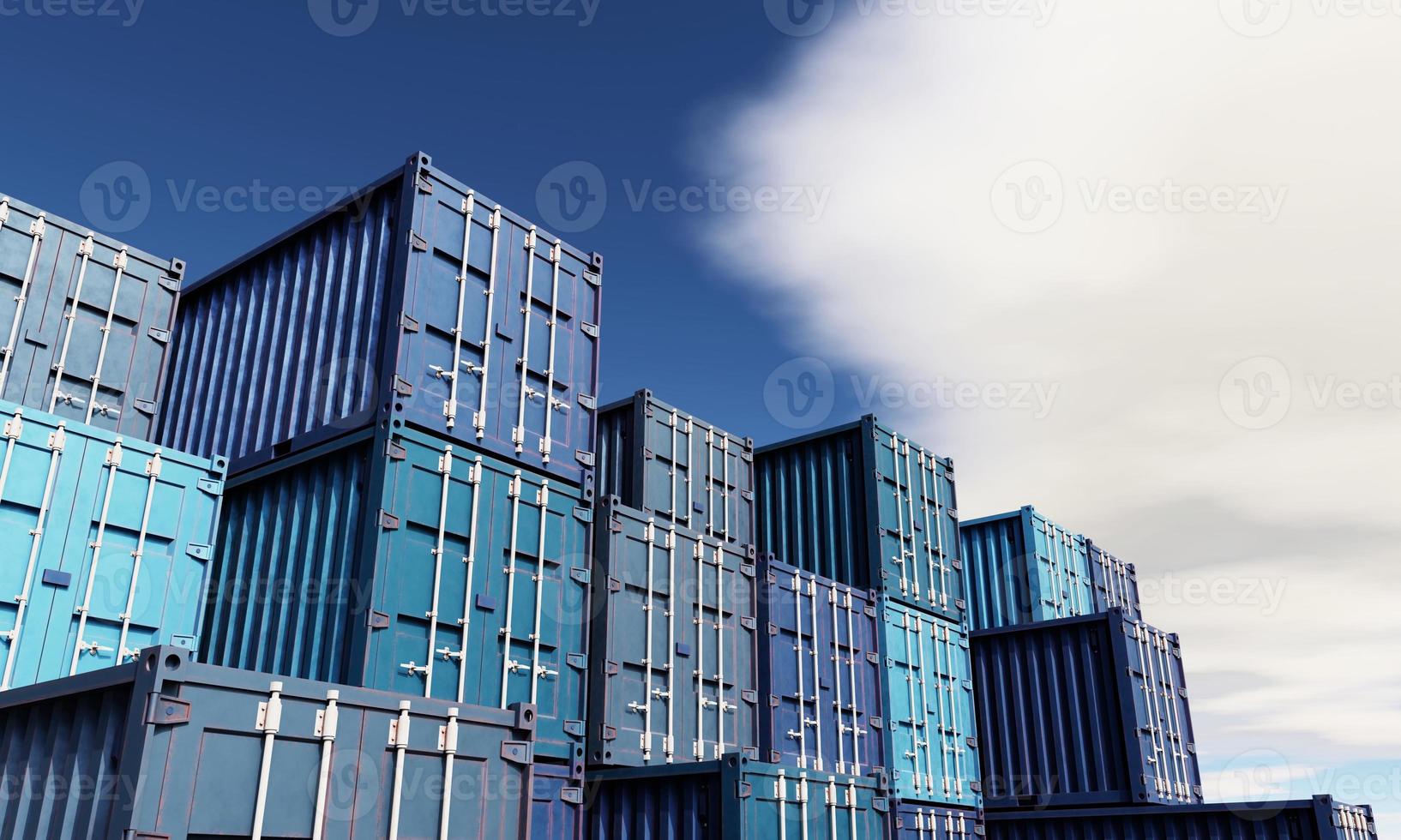 Stack of blue container boxes with sky background. Cargo freight shipping for import and export logistics. Business and transportation concept. 3D illustration rendering photo