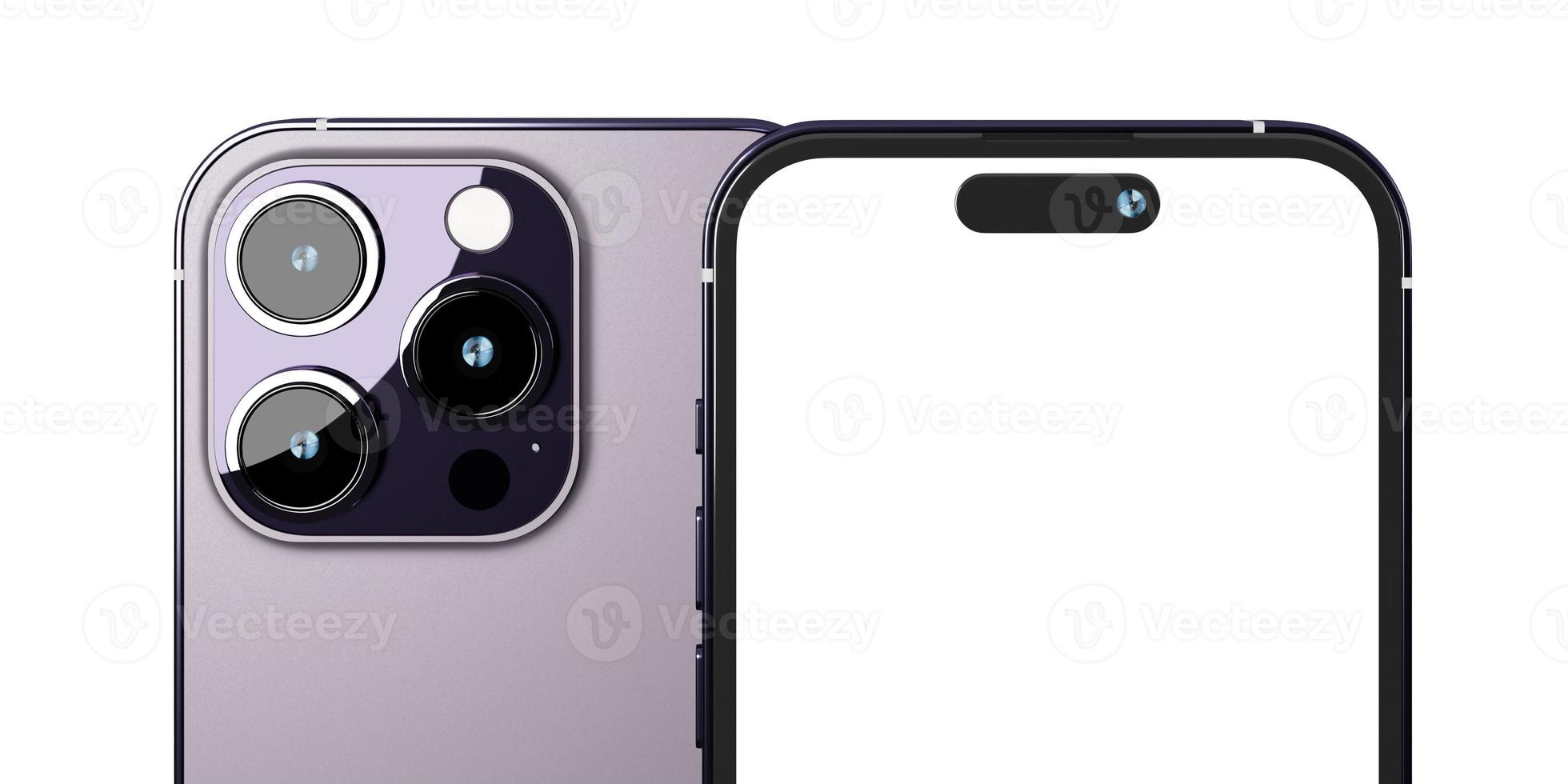 Realistic new smartphone mockup in purple color with device display screen template for product advertising UI and UX infographic presentation interface design. Tech concept. 3D illustration rendering photo