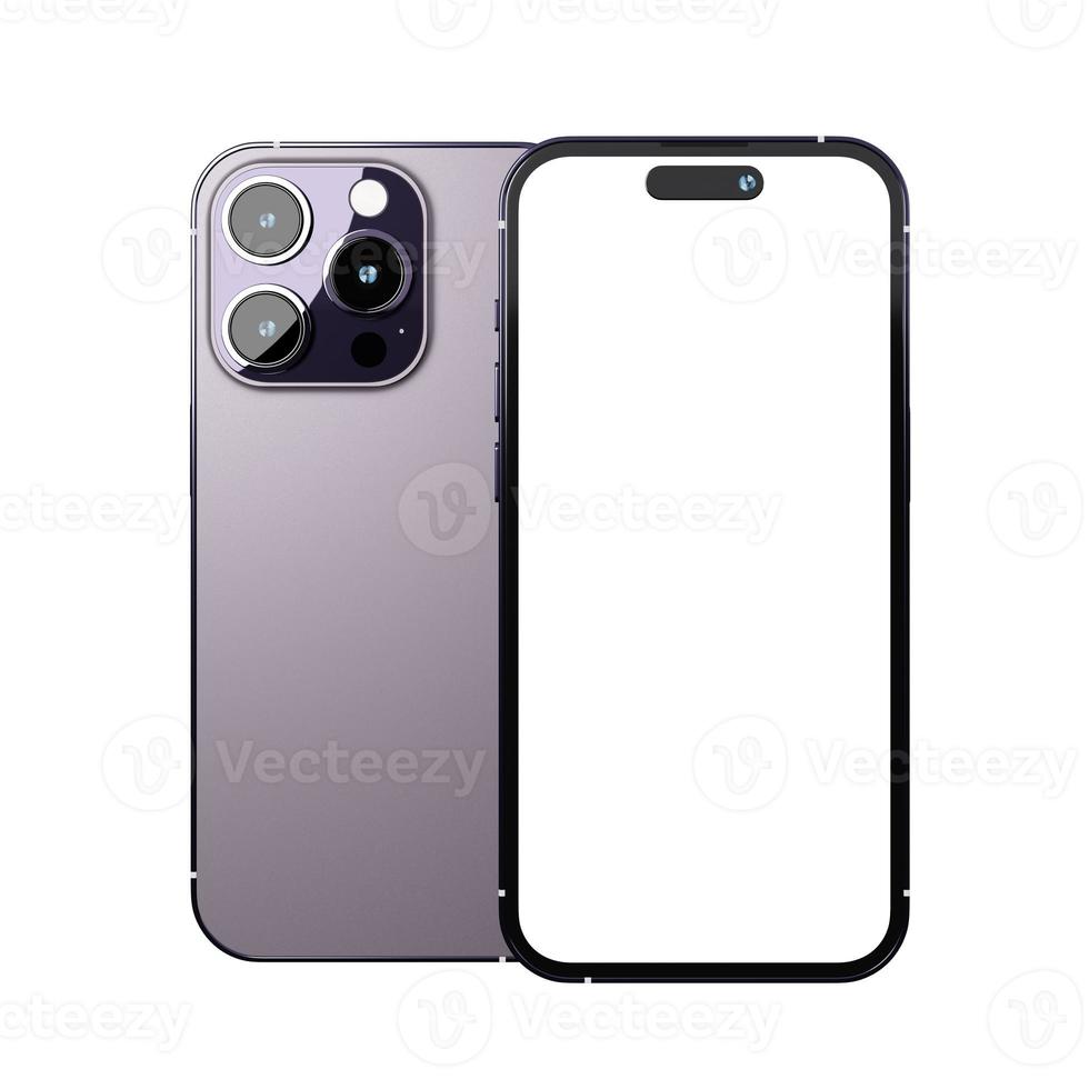 Realistic new smartphone mockup in purple color with device display screen template for product advertising UI and UX infographic presentation interface design. Tech concept. 3D illustration rendering photo
