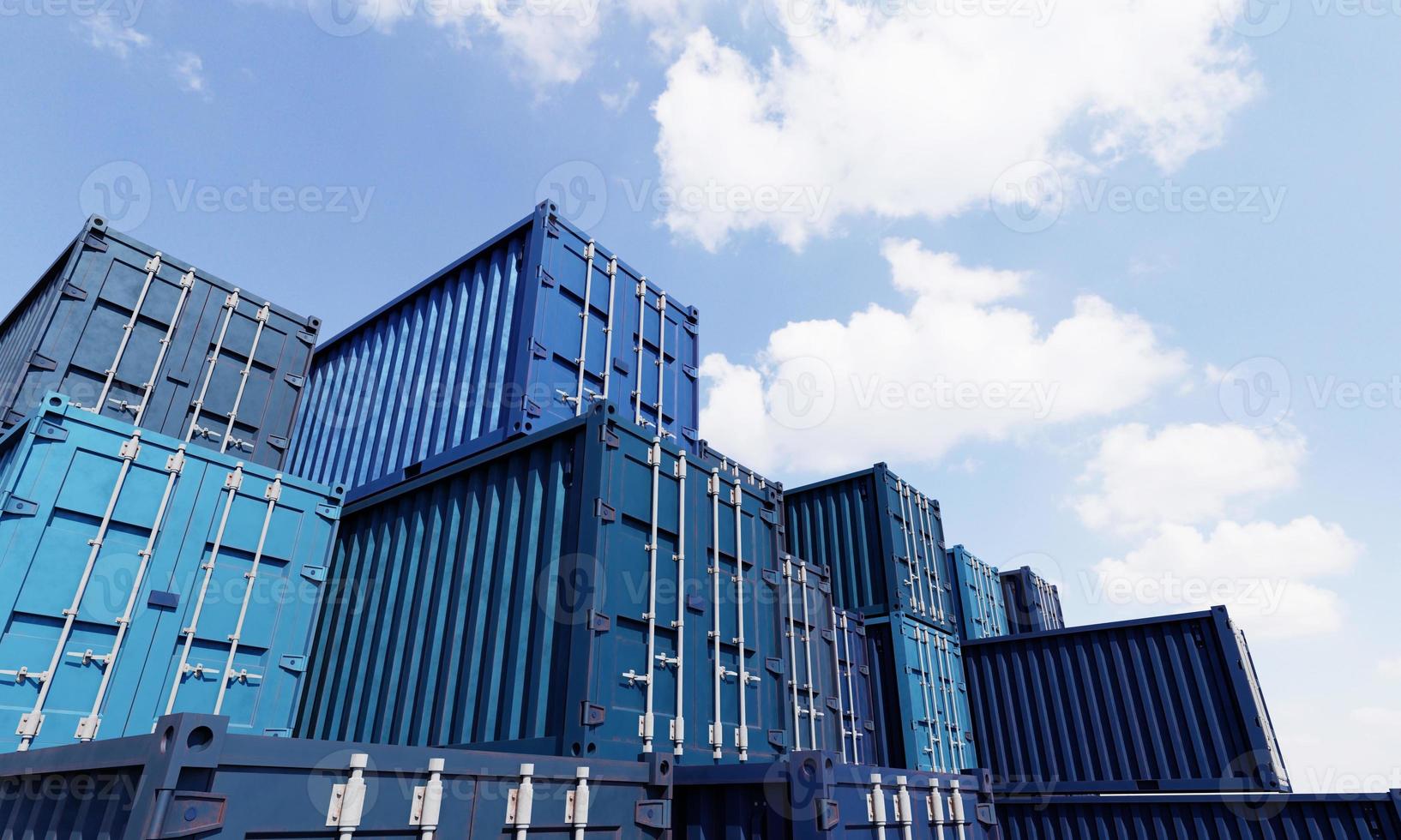 Stack of blue container boxes with sky background. Cargo freight shipping for import and export logistics. Business and transportation concept. 3D illustration rendering photo