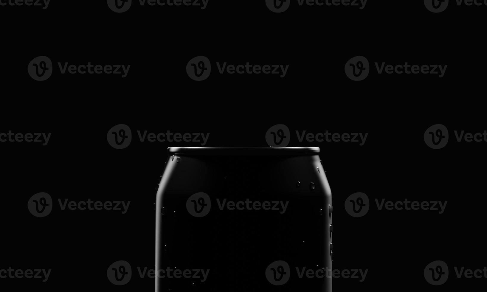 Close up top of Cola or Beer can container in the dark with studio lighting and condensate water droplet on aluminum surface. Food drink and beverage concept. 3D illustration rendering photo
