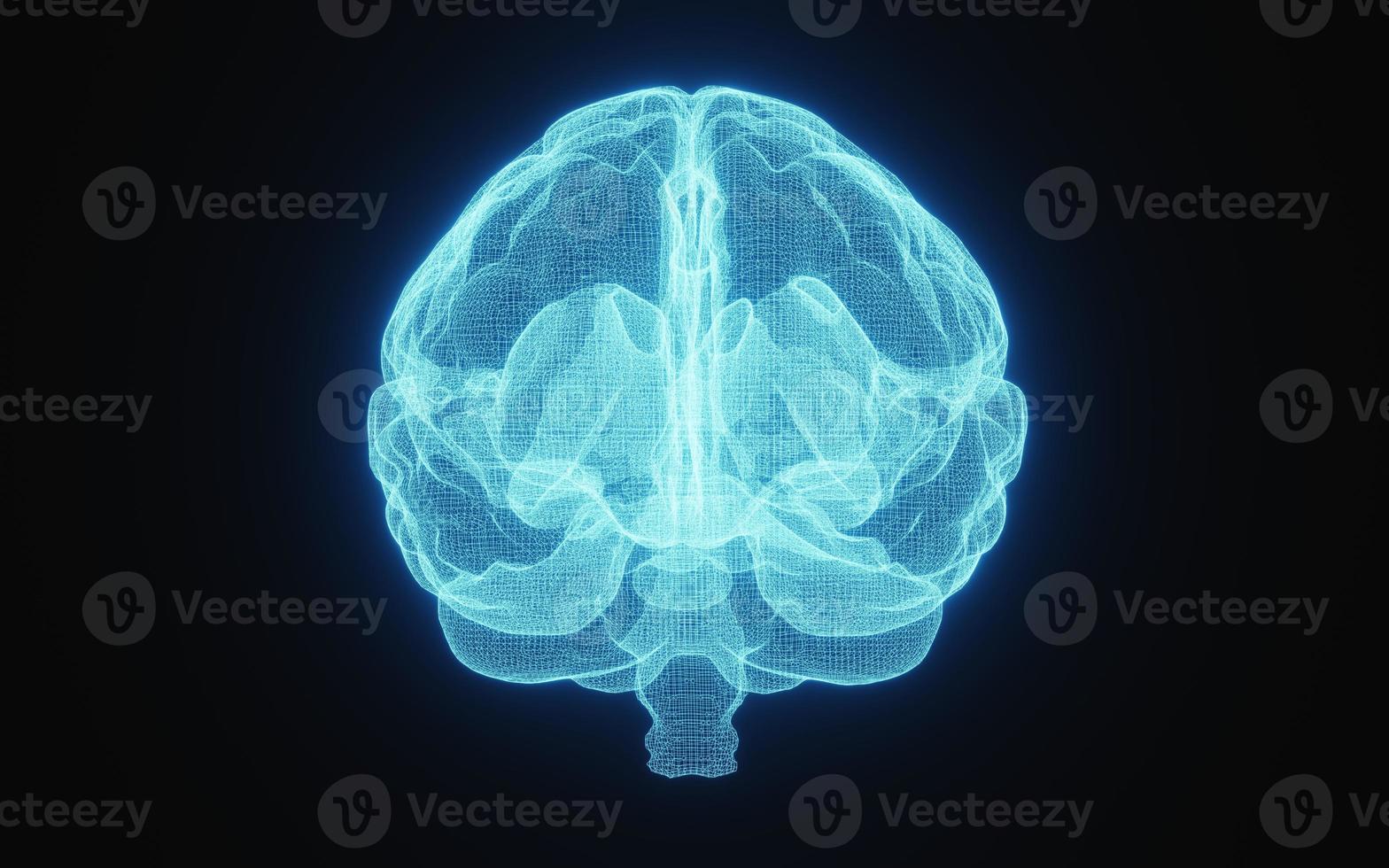 Glowing X-ray image of human brain in blue wireframe on isolated black background. Science and medical concept. In front of brain. 3D illustration rendering photo