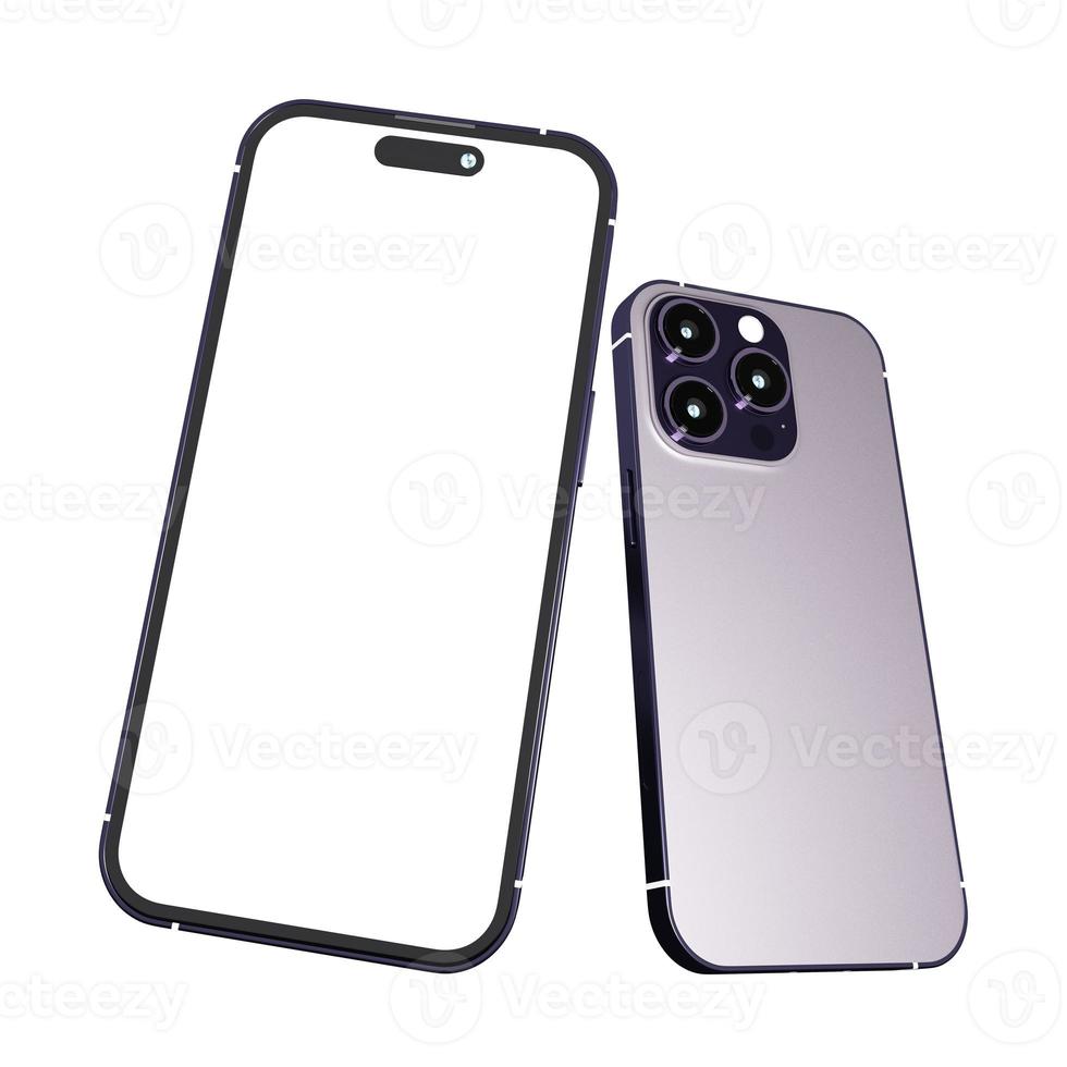 Realistic new smartphone mockup in purple color with device display screen template for product advertising UI and UX infographic presentation interface design. Tech concept. 3D illustration rendering photo
