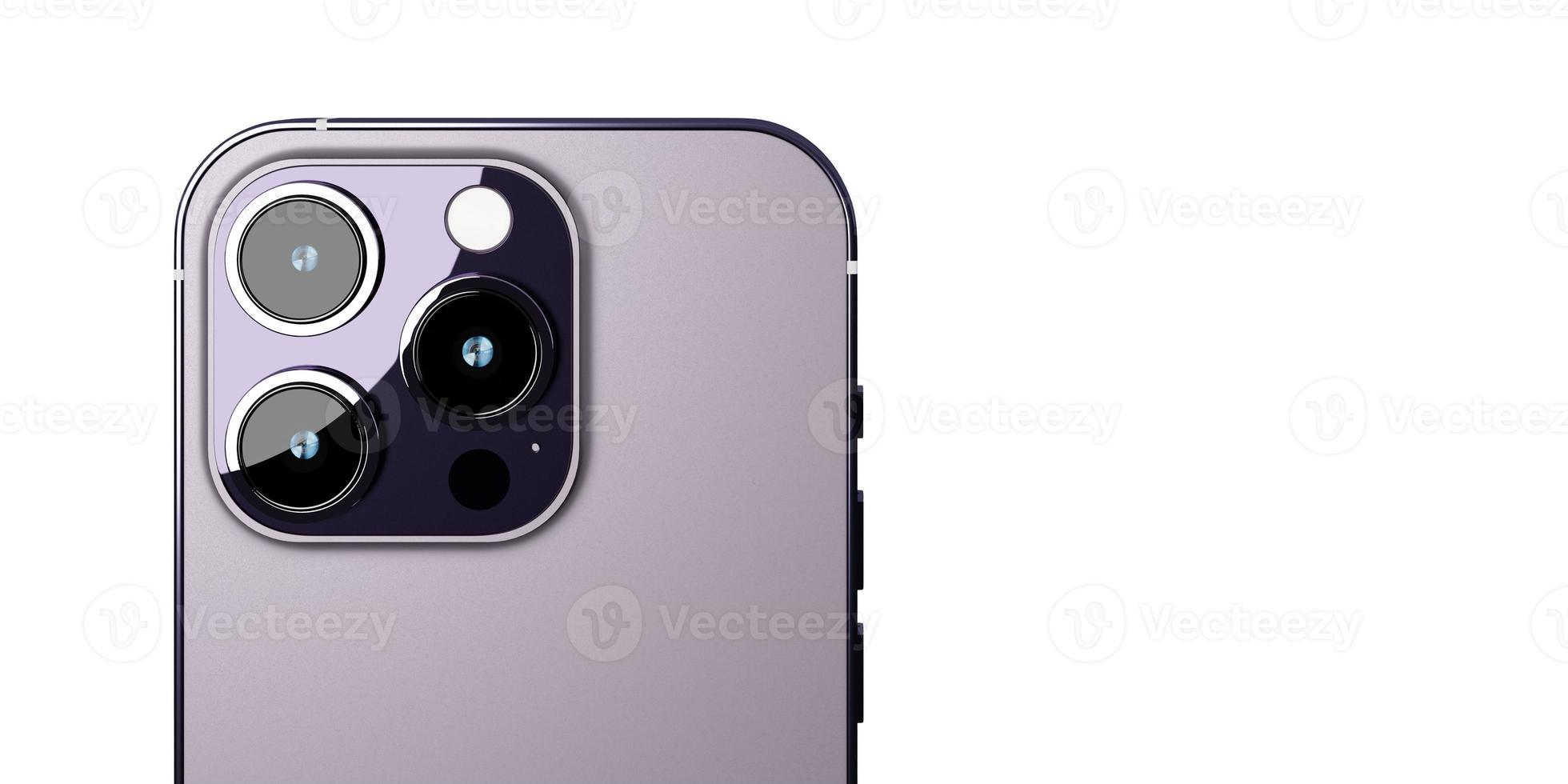 Back view of realistic new smartphone mockup with camera in purple color for product advertising UI and UX infographic presentation interface design. Technology concept. 3D illustration rendering photo