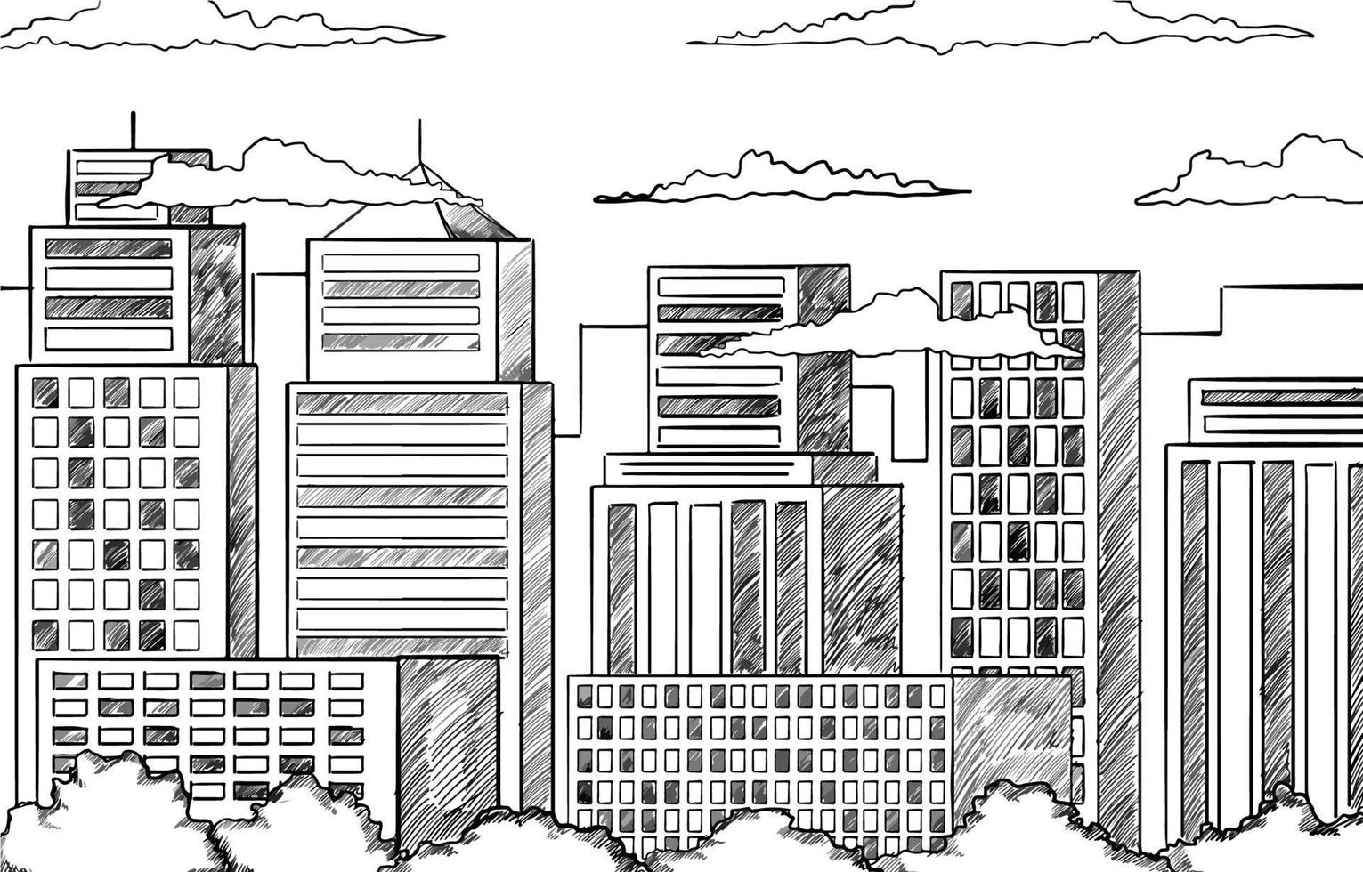 Hand Drawn Cityscape with Grass and Tall Buildings vector