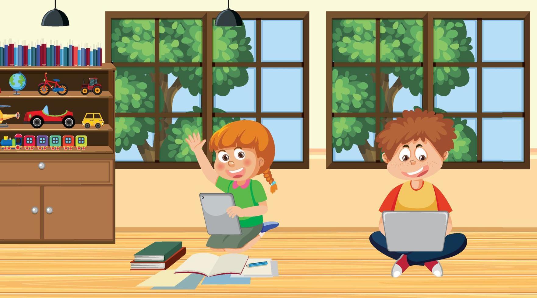Kids learning online at home vector