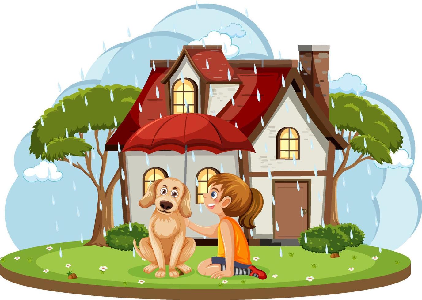 Rainy day with girl holding umbrella and dog vector