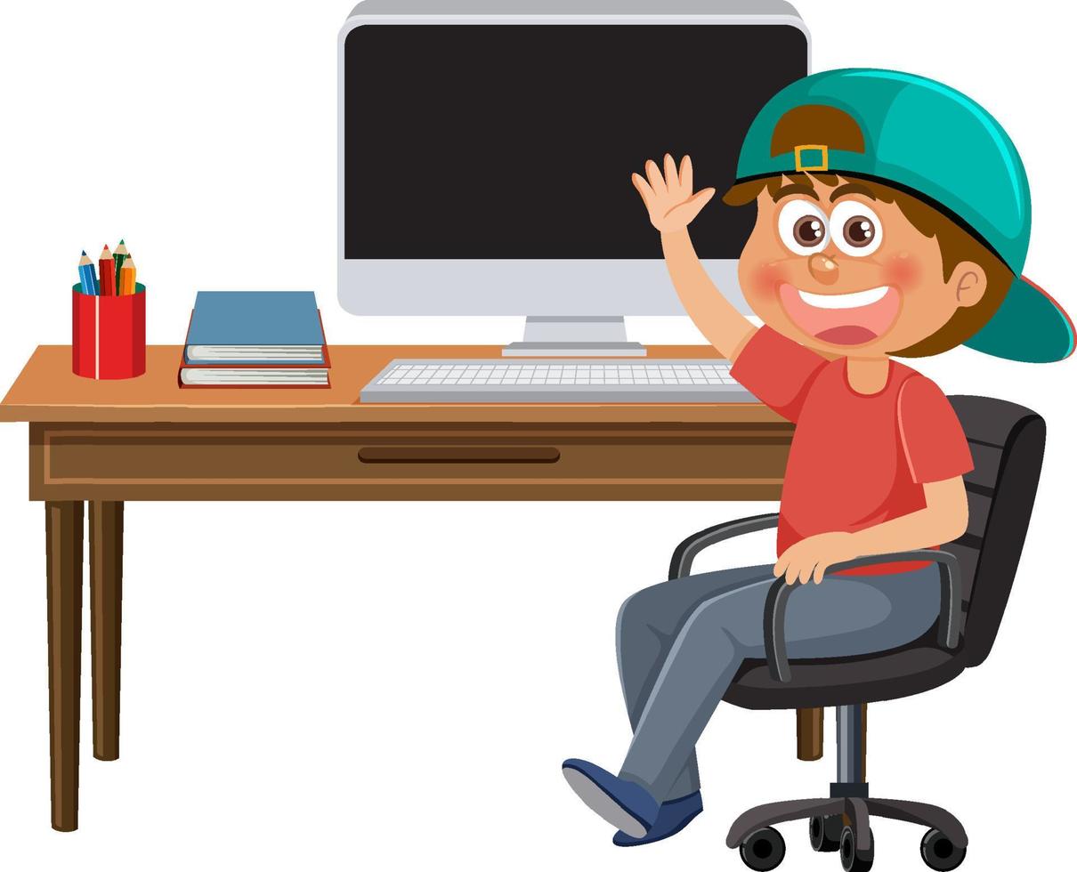 A boy sitting in front of computer vector