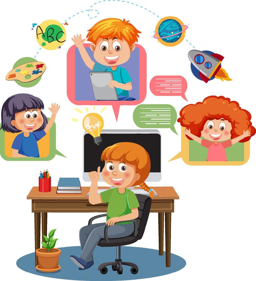 A girl sitting in front of computer vector