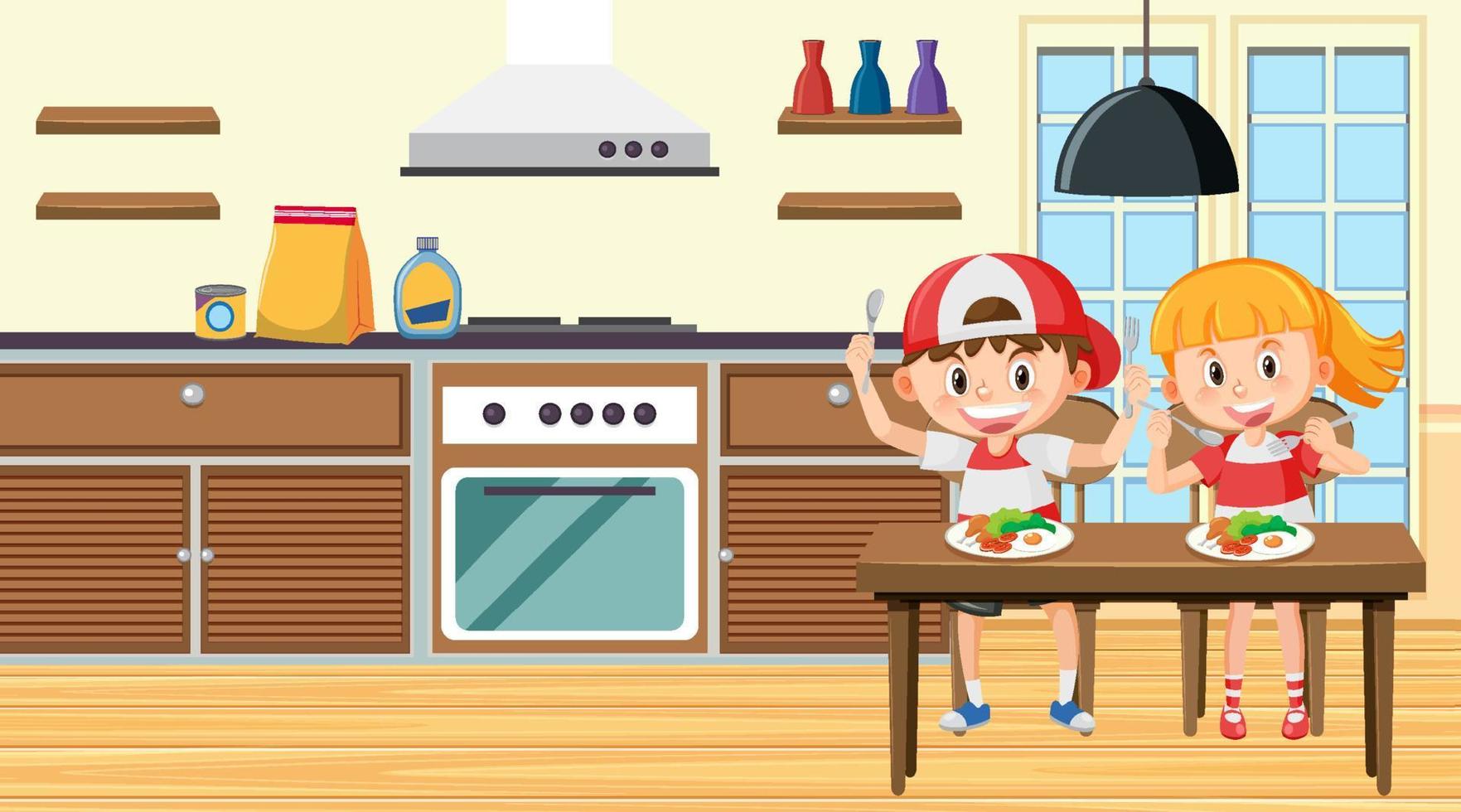 Boy and girl having breakfast in the kitchen vector