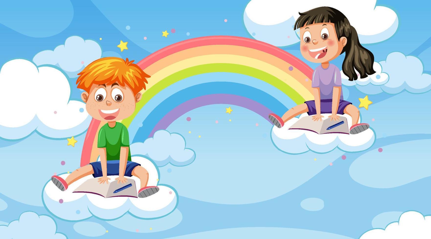 Kids sitting on the clouds in the sky vector