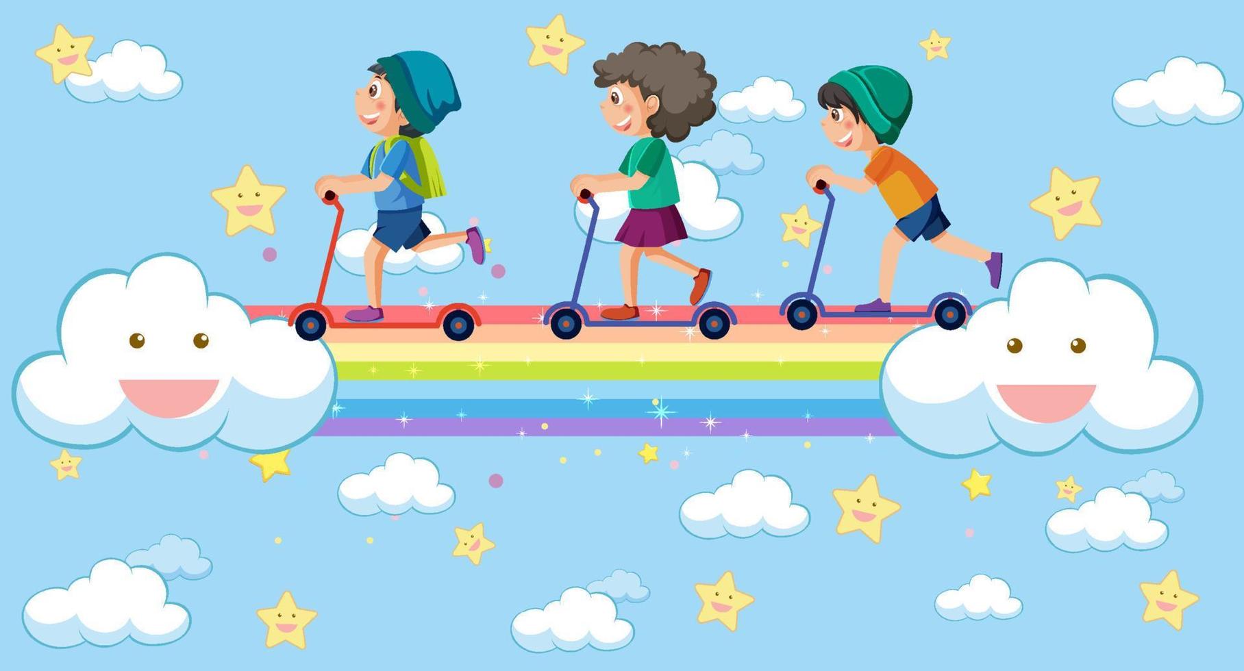 Happy kids in in the sky with rainbow vector