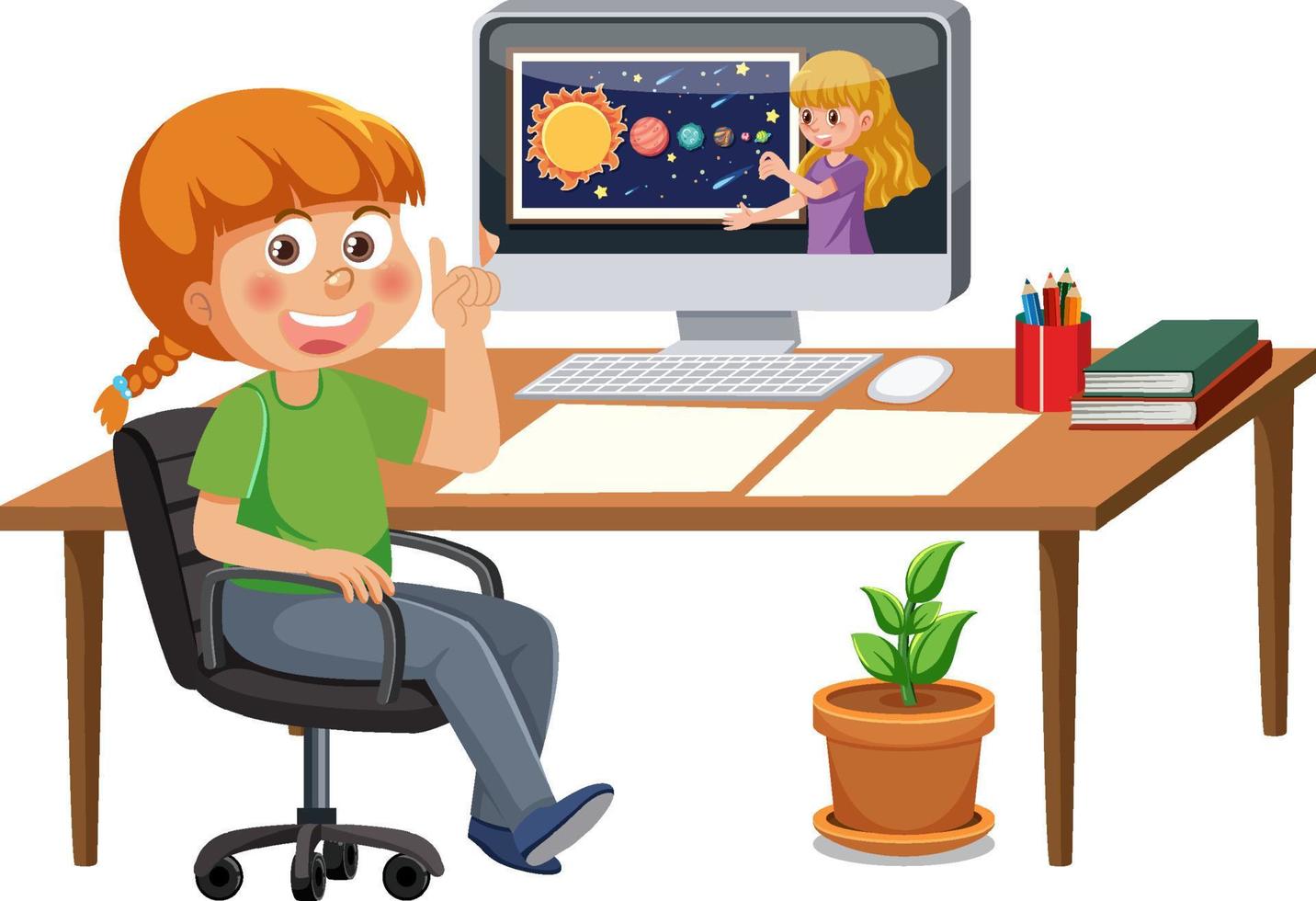 A girl studying online on computer vector