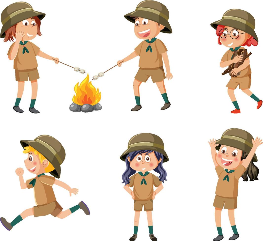 Set of cartoon character in camping outfit vector