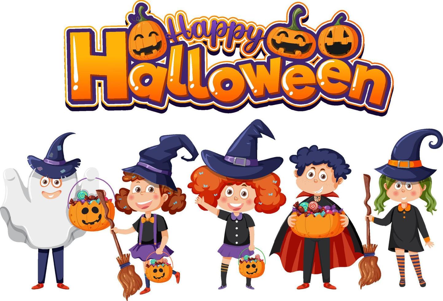 logotipo de texto feliz halloween con personaje de dibujos animados vector