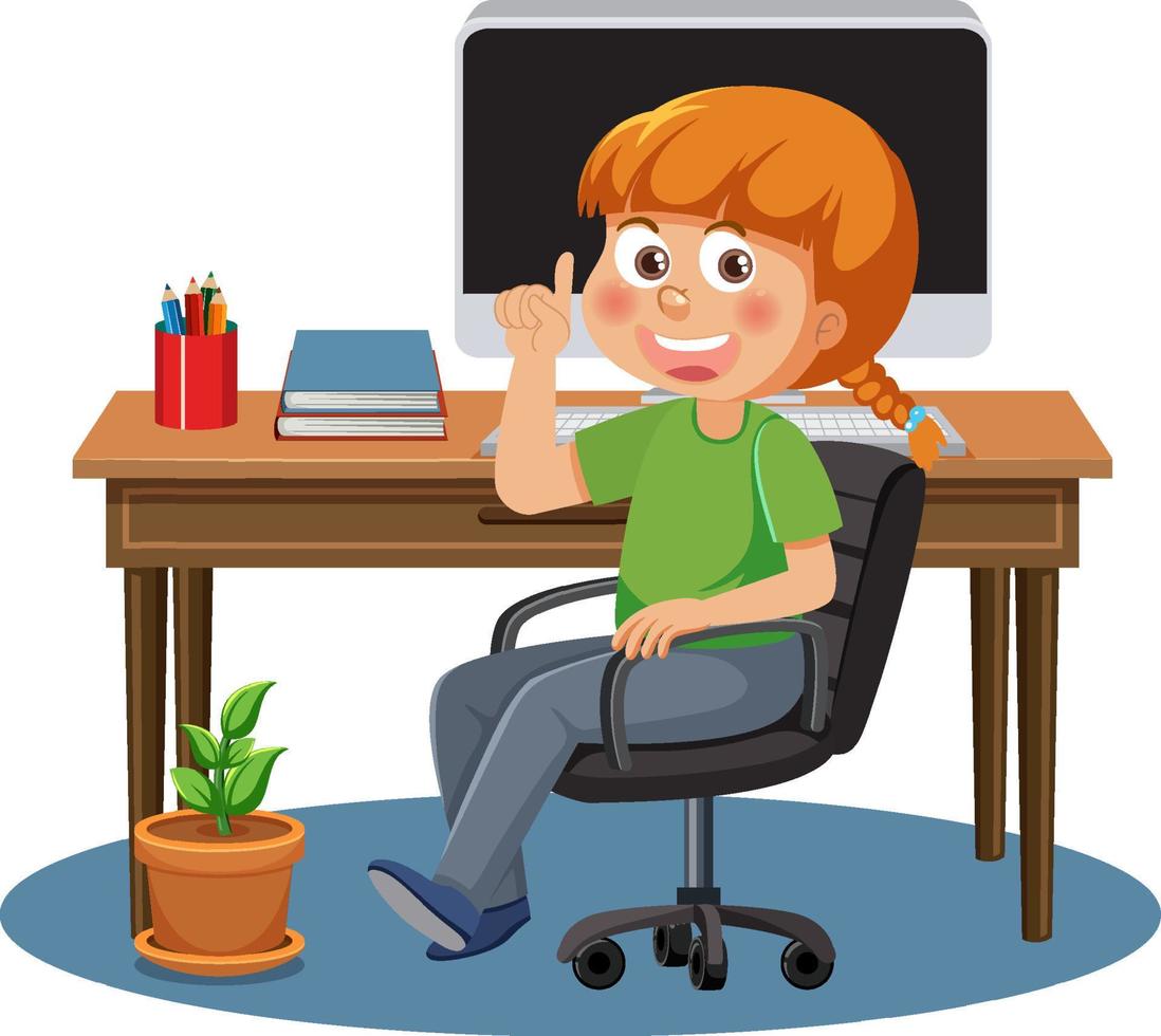 A girl studying online with computer vector