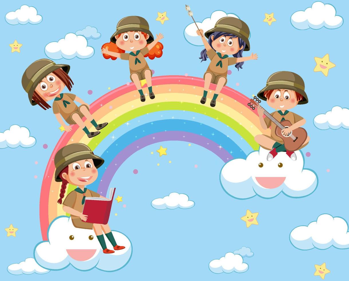 Happy kids in in the sky with rainbow vector