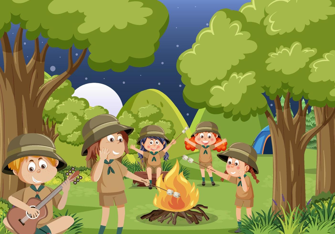 Children camping out forest scene vector