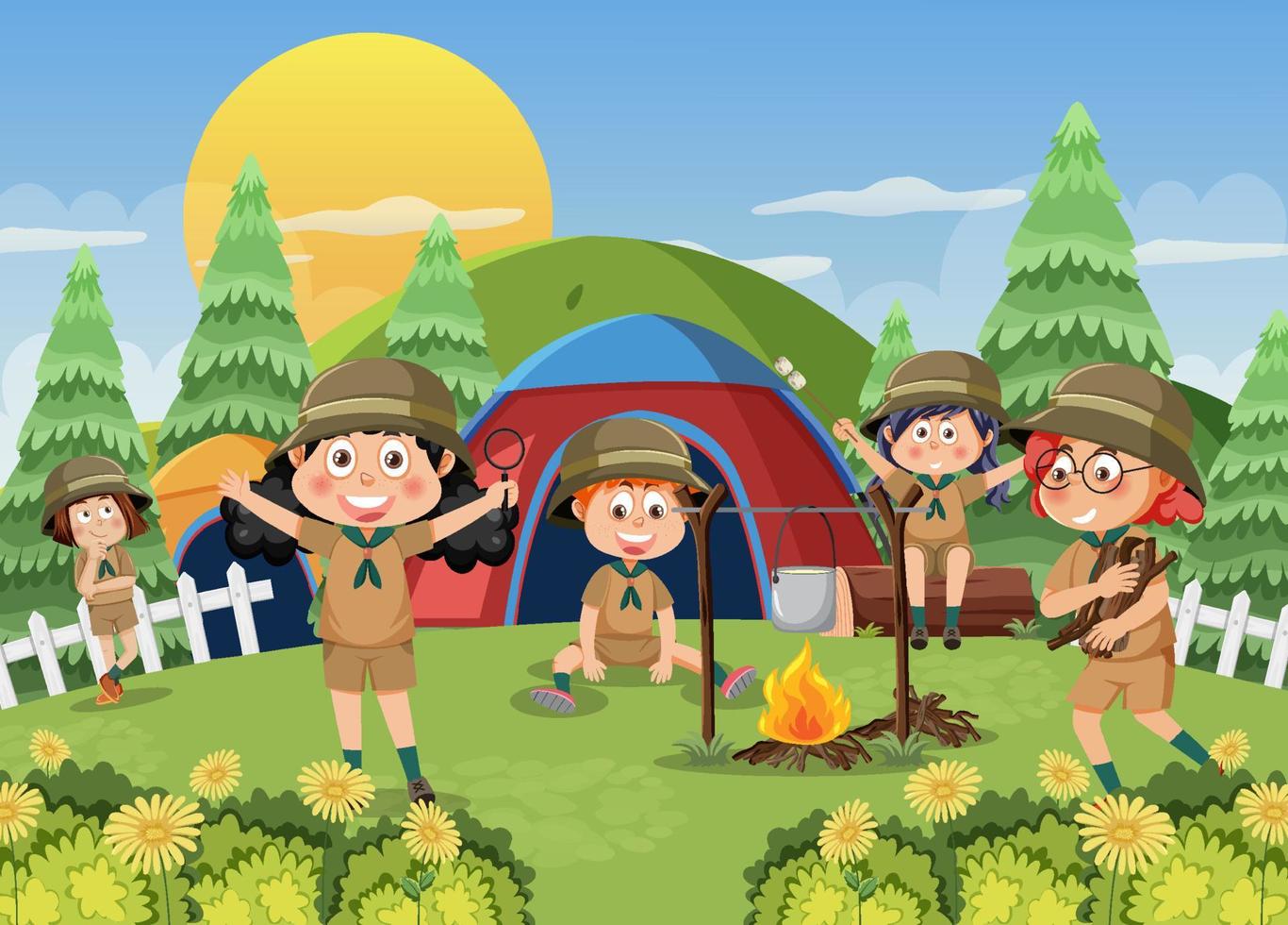 niños acampando escena del bosque vector