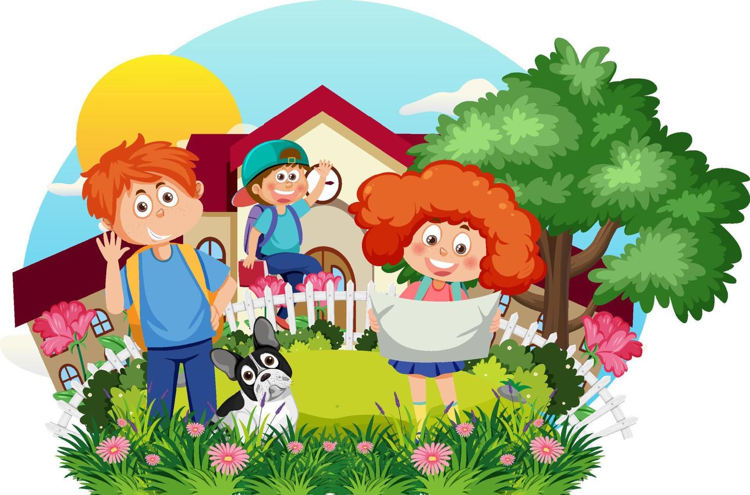 Happy kids at backyard vector