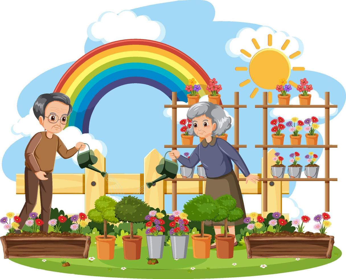 Elderly couple gardening on white background vector