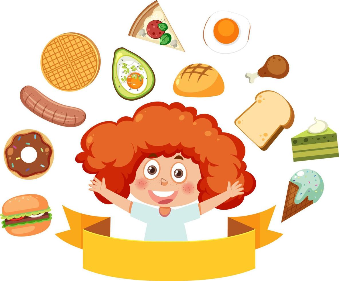 Many foods around girl cartoon character vector