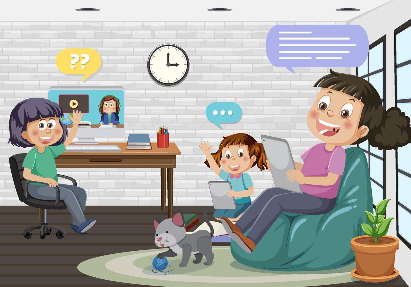 redes sociales niños en casa vector