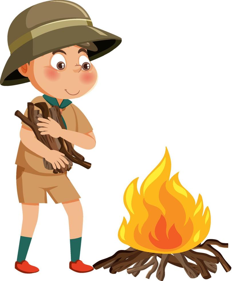 Cute boy scout cartoon character campfire vector