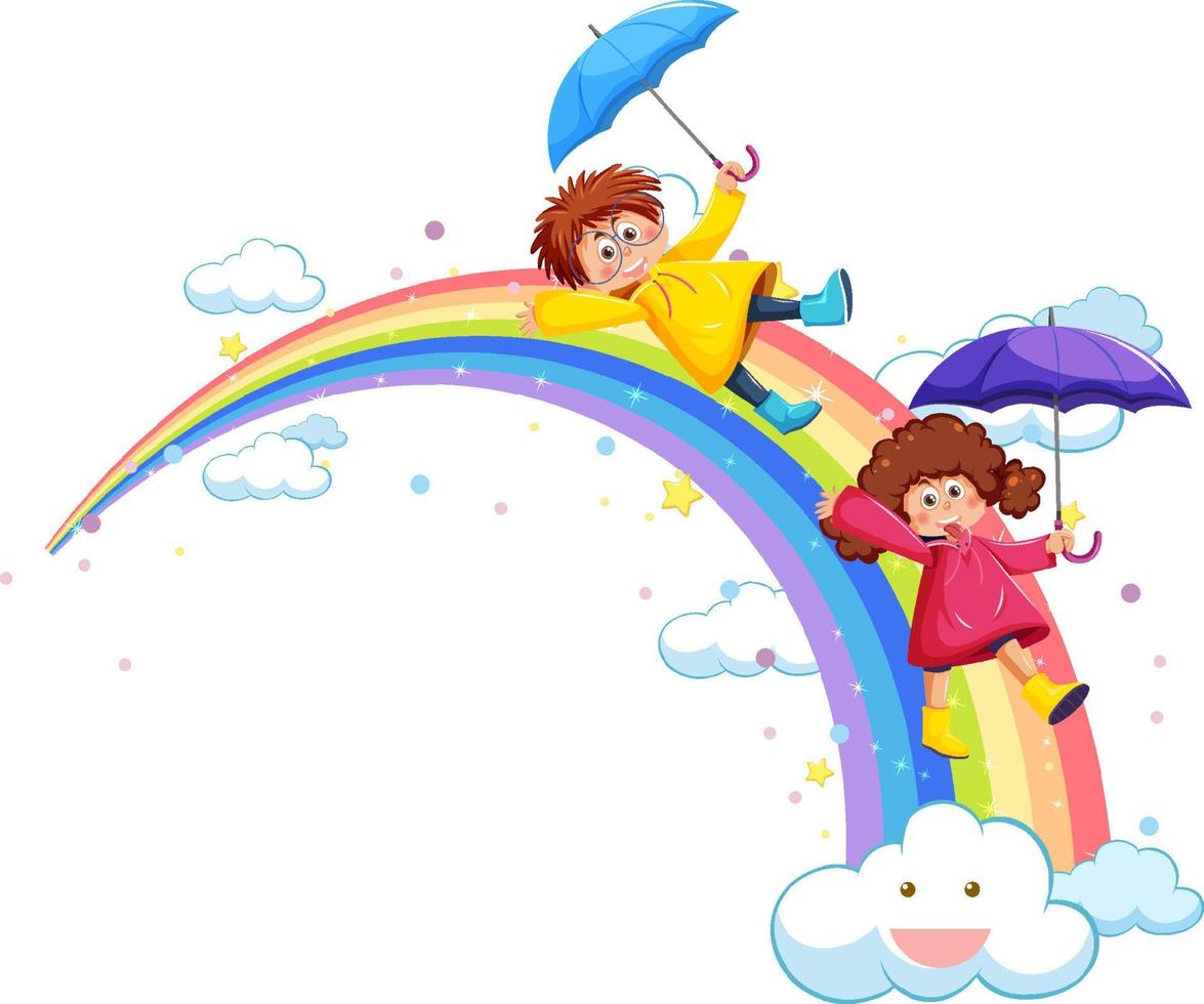 niños felices con arcoiris vector