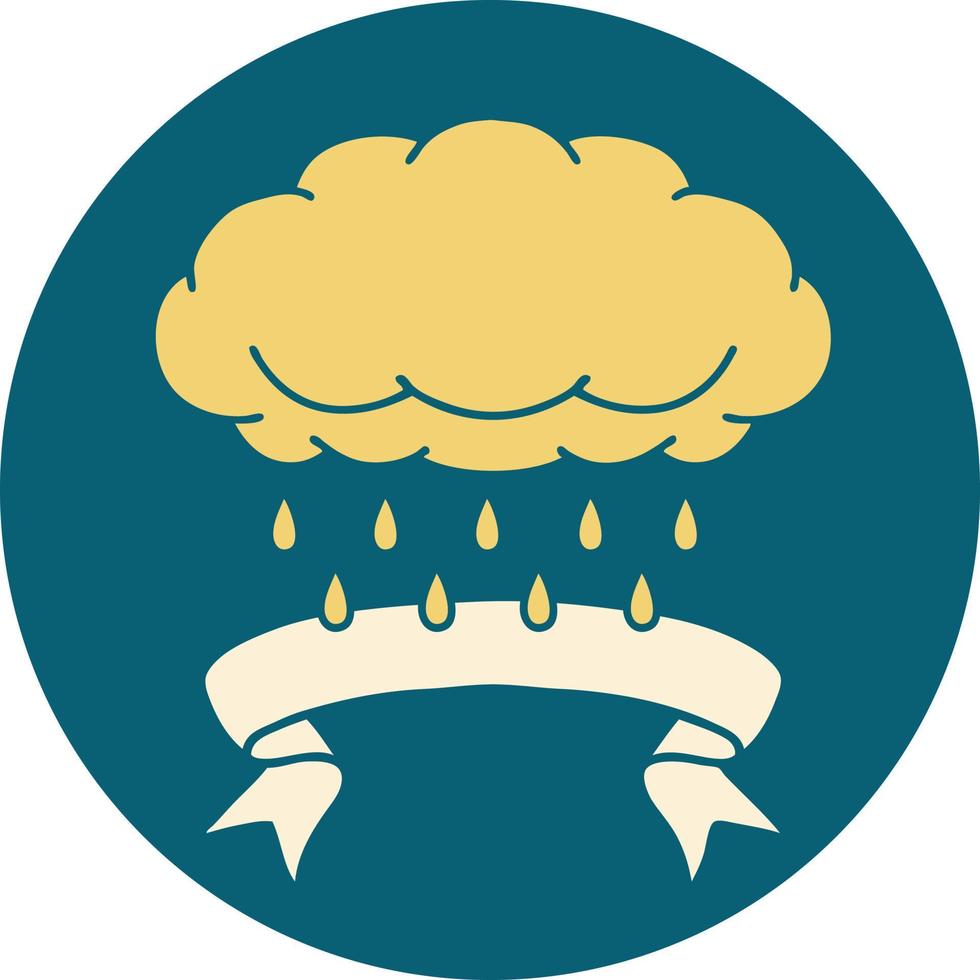 tattoo style icon with banner of a cloud raining vector