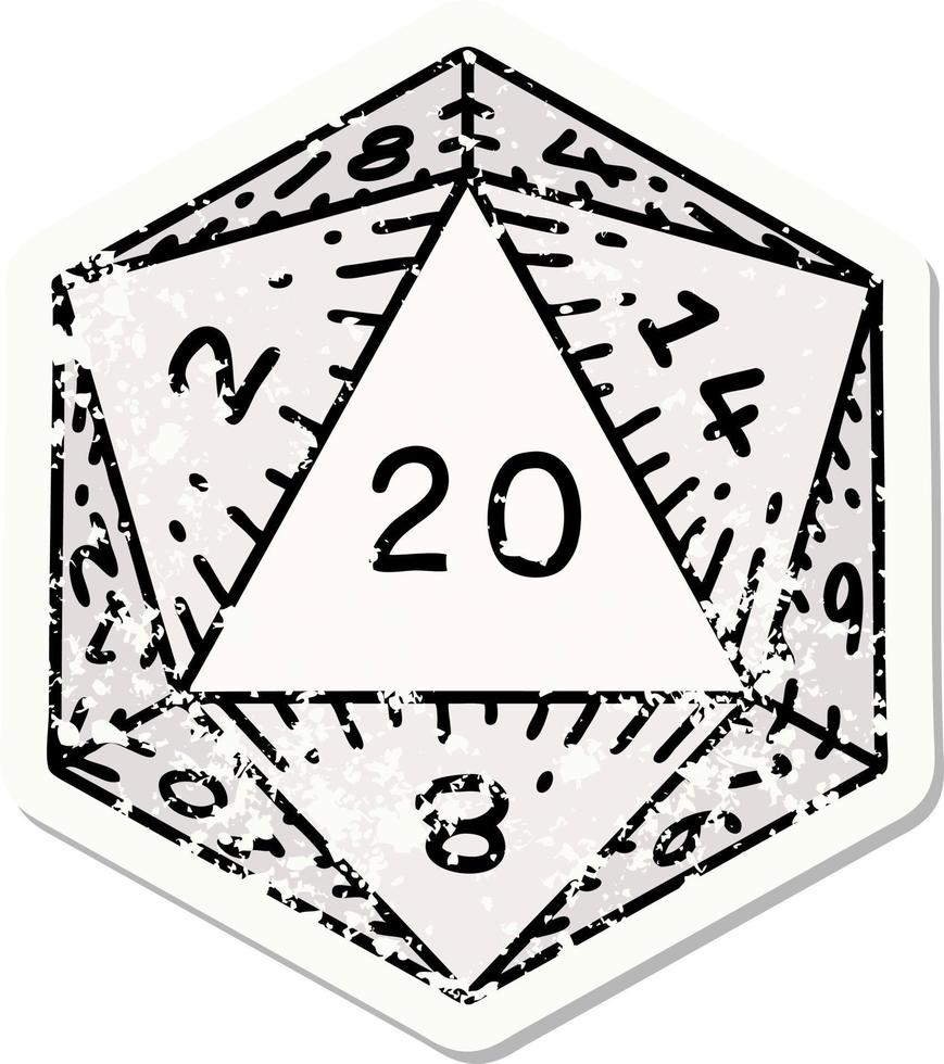grunge sticker of a natural 20 D20 dice roll vector