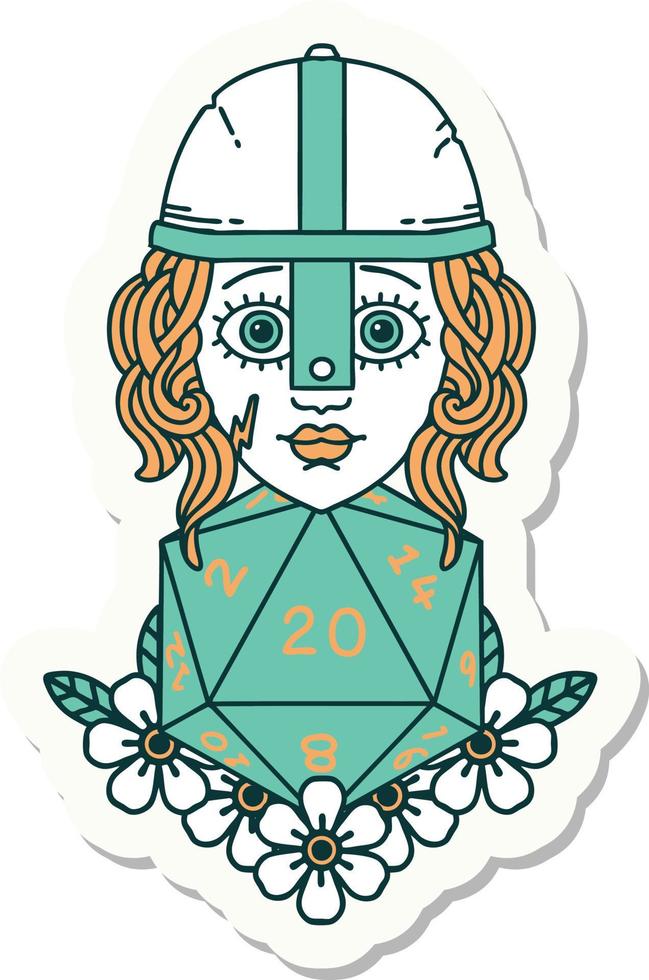 sticker of a human fighter with natural 20 D20 dice roll vector