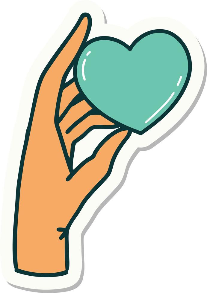 sticker of tattoo in traditional style of a hand holding a heart vector